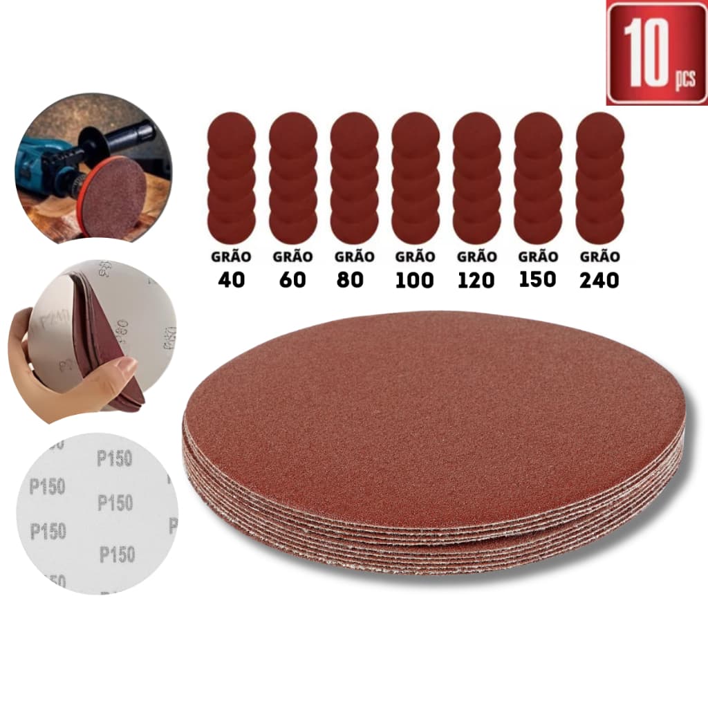 Disco de Lixa com Velcro 125mm 10 Peças Kit 10 Lixas Circular Para Lixadeira Kit Lixa Sem Furo