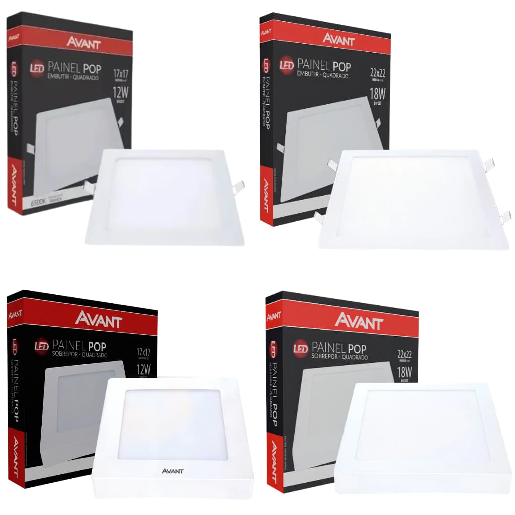 1 / 2 Painel LED Plafon Quadrado Embutir / Sobrepor 12W / 18W Luz Branco Frio 6500K Bivolt — Avant