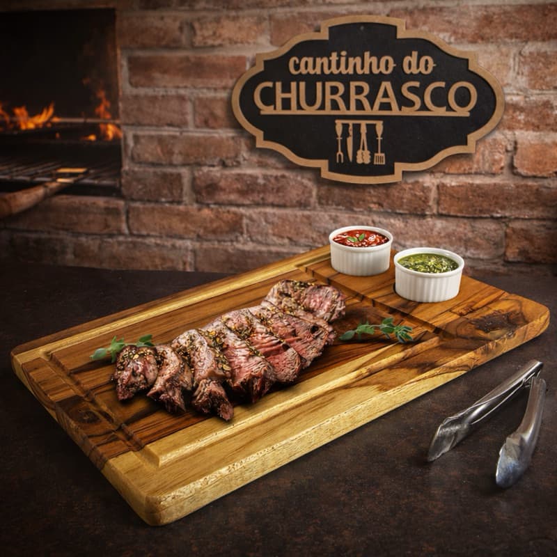 Kit Tábua Madeira + Placa Personalizada Churrasco Gourmet Presente Criativo Madeira Teca MDF