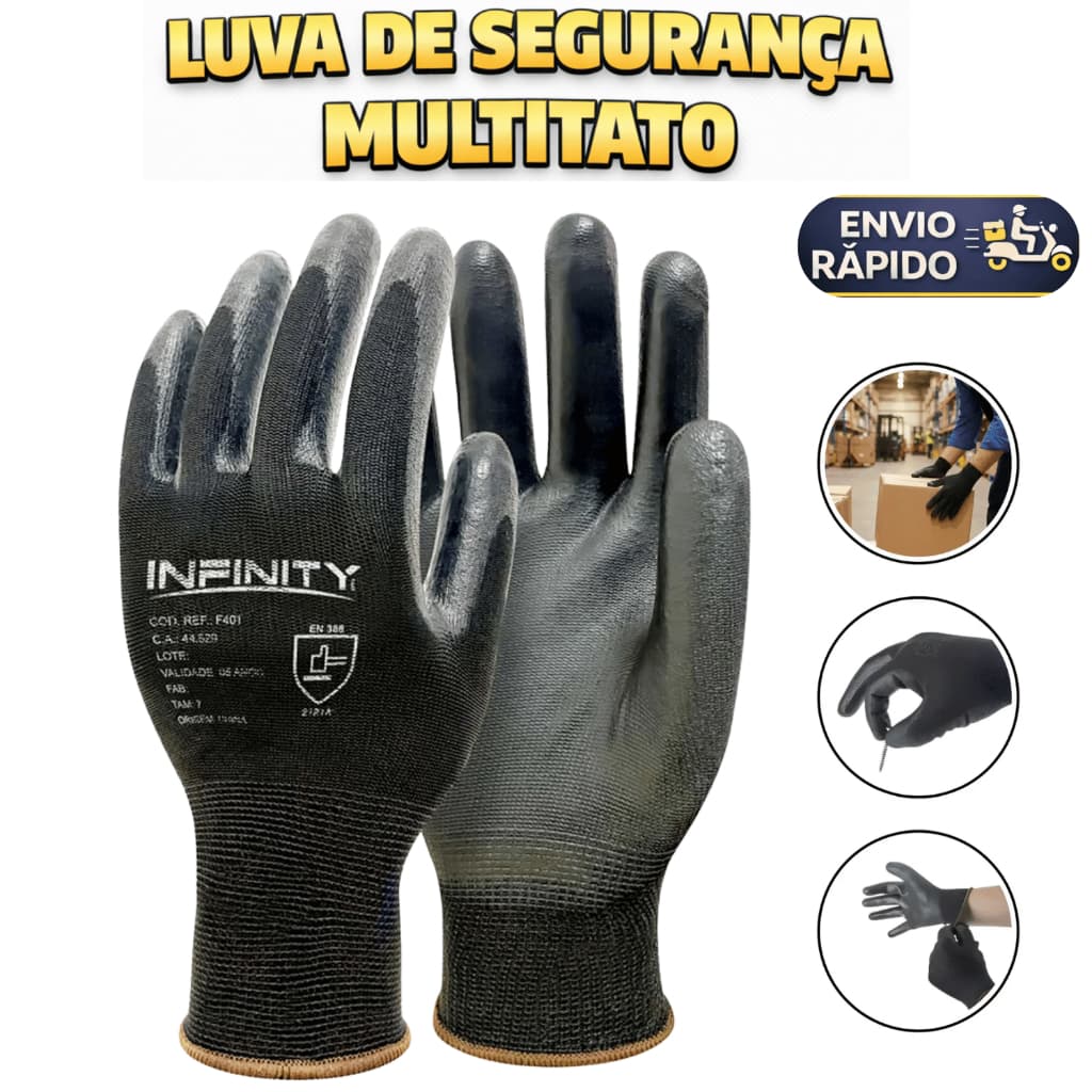 Luva De Segurança Multitato Tatil Banhada Luva Pu Black P M G GG Mecanico Pedreiro Eletricista Nylon