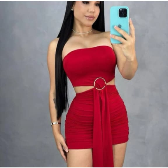 Vestido feminino tomara que caia suplex com argola na frente curto moda blogueira