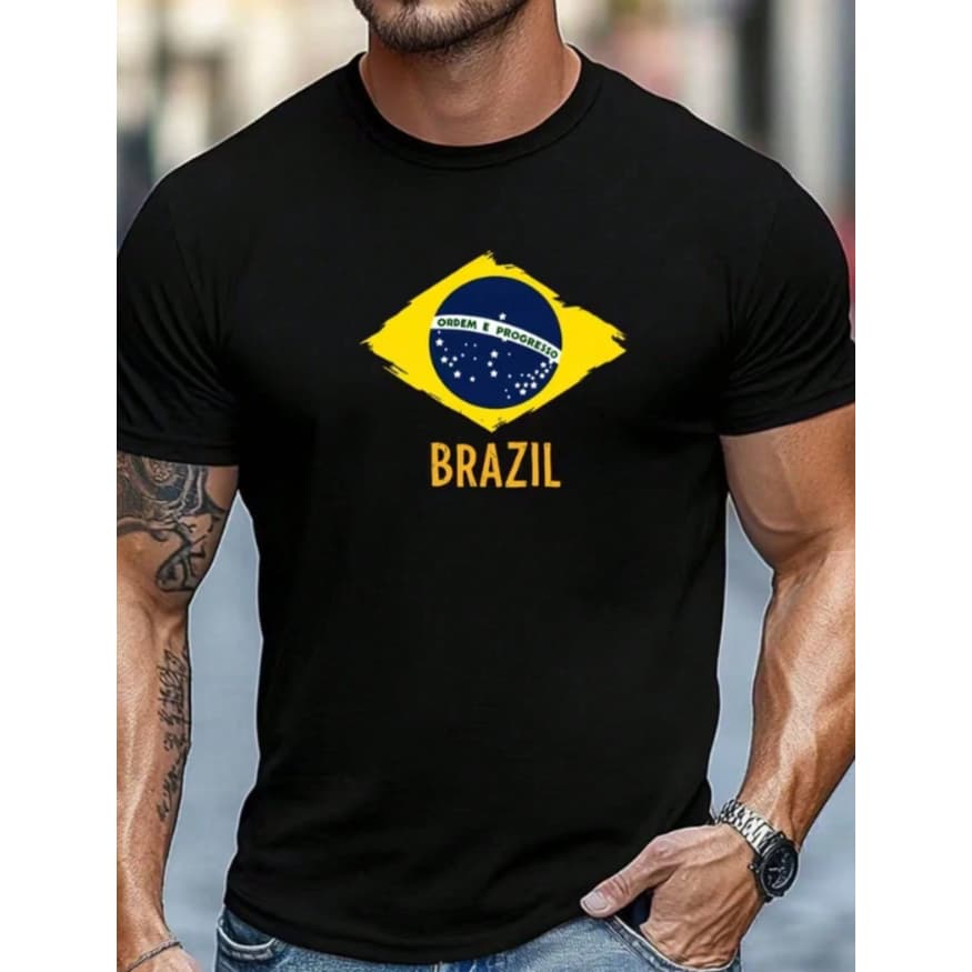 Camisa Camiseta Masculina  Brasil com Estampa Sombria da  Bandeira do Brasil em Estilo 100%  algodão