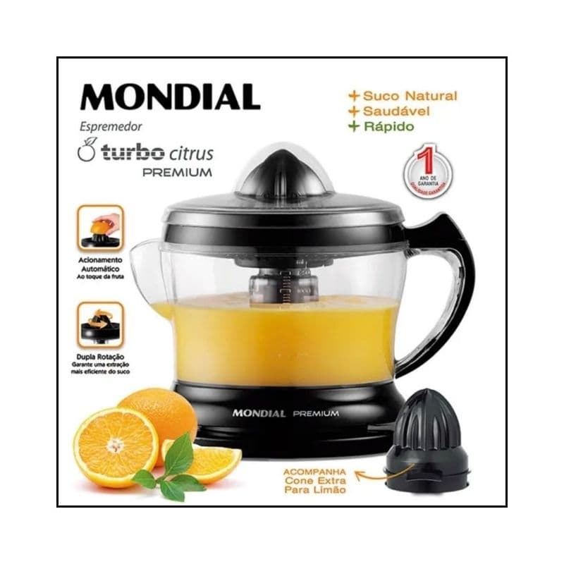 Espremedor de Frutas Mondial Premium E-02 Preto 110 ou 220 Volts potência 30 Wats