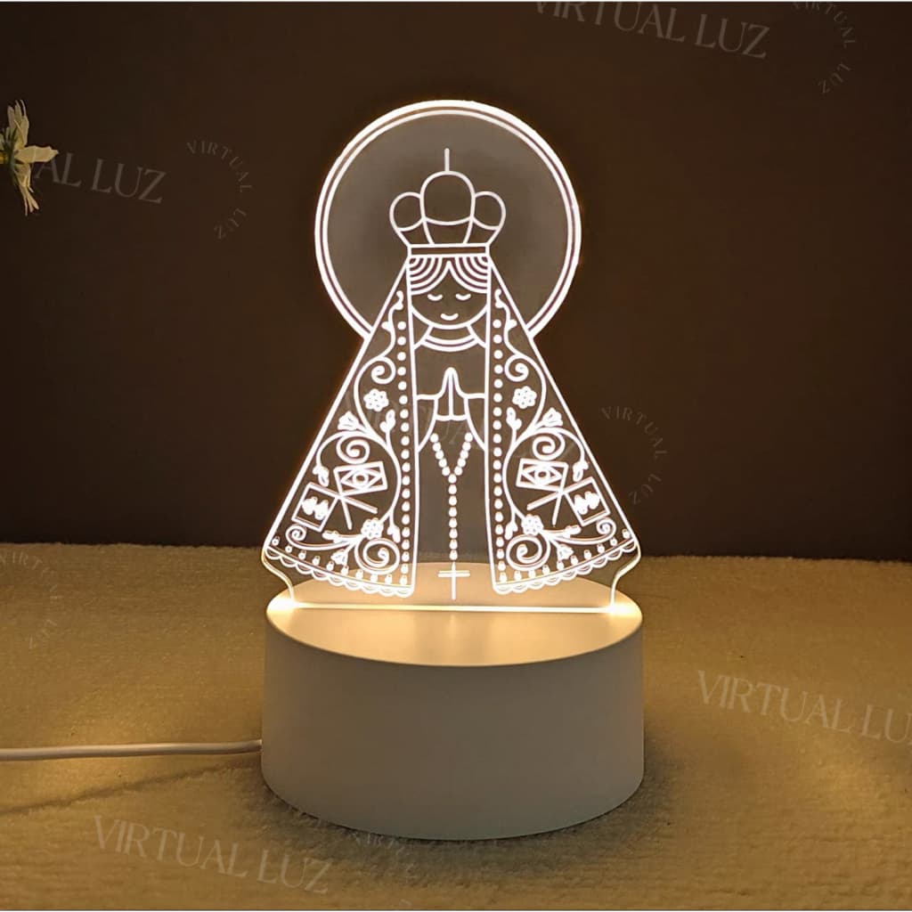 Luminária Abajur De MesaTomada Led 3D Nossa Senhora Aparecida Base Branca