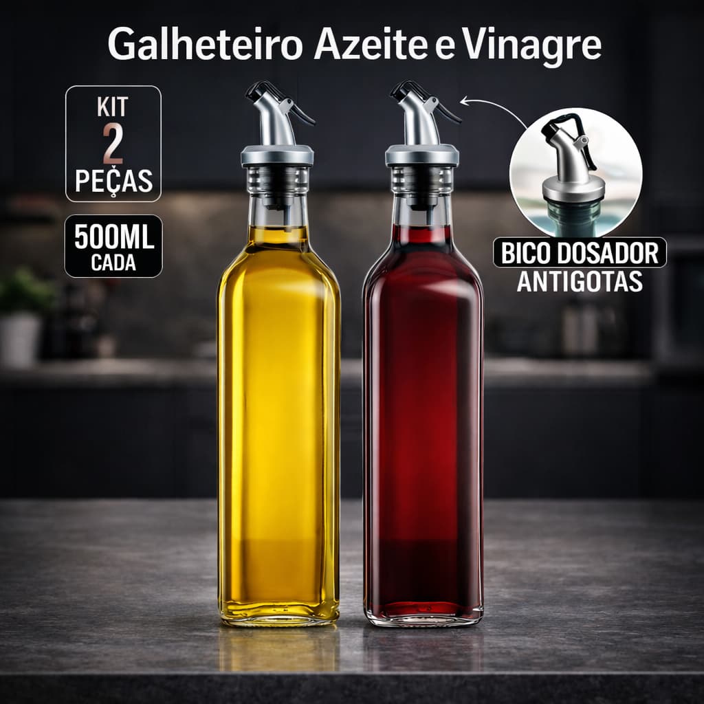 Kit 2 Galheteiros 500 ml Vidro Resistente com Bico Dosador – Azeite e Vinagre