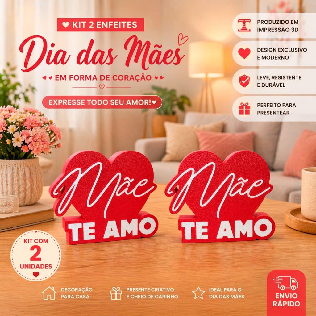 Kit 2 Enfeites Dia das Mães – Coração “Mãe Te Amo” | Impressão 3D