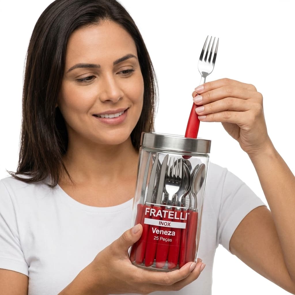 Jogo Talheres Completo 25 Peças Inox com Pote Vidro Ideal para Cozinha Viagem e Camping