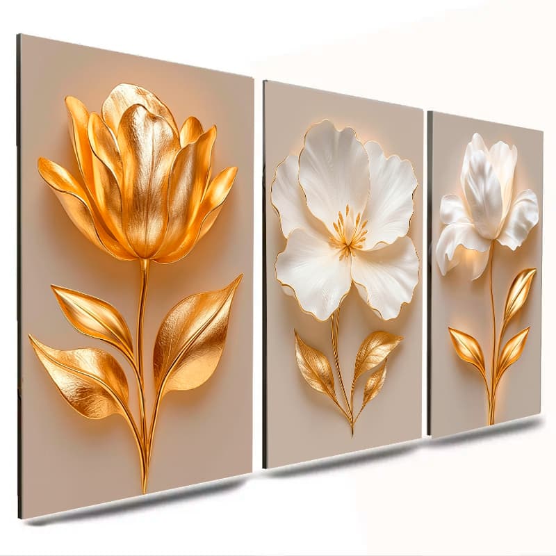 Quadros Decorativos 3 Peças Flor Flores Dourado e Branco Ouro Retorcido Casa Sala Quarto Decoração Parede