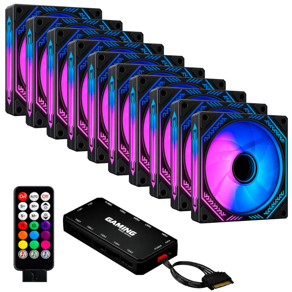 Kit 10 Fans Cooler Ventoinhas Aura Black Infinity ARGB Pc Gamer C/ Controladora Hub Preto
