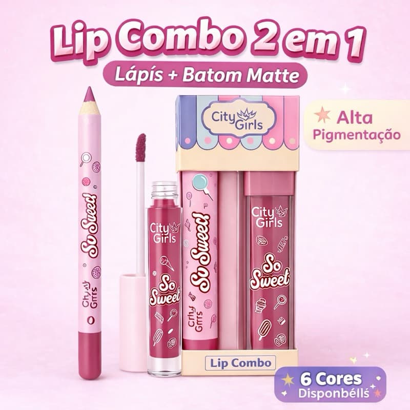 Lip Combo 2 em 1 City Girls Lápis + Batom Matte 6 Cores Alta Pigmentação Longa Duração