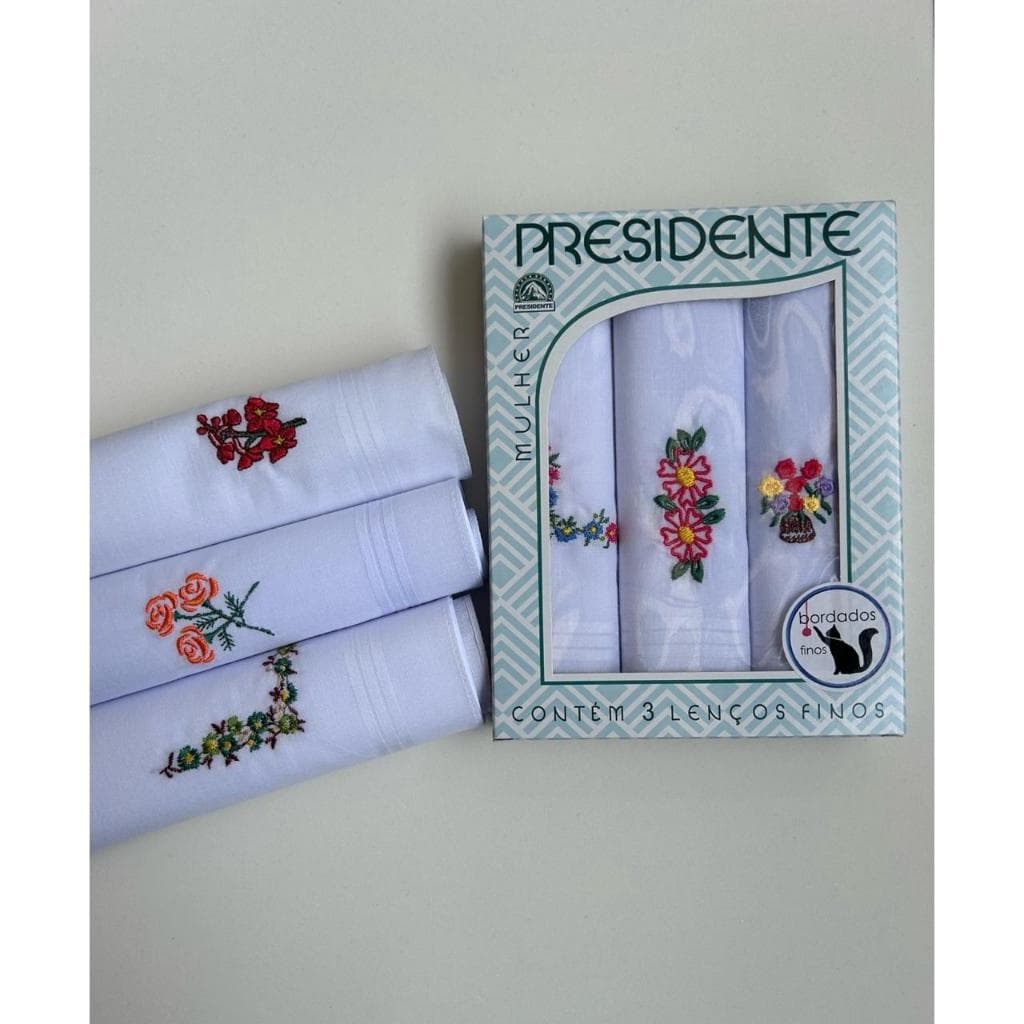 Lenço presidente bolso feminino bordado 100% Algodão c/3