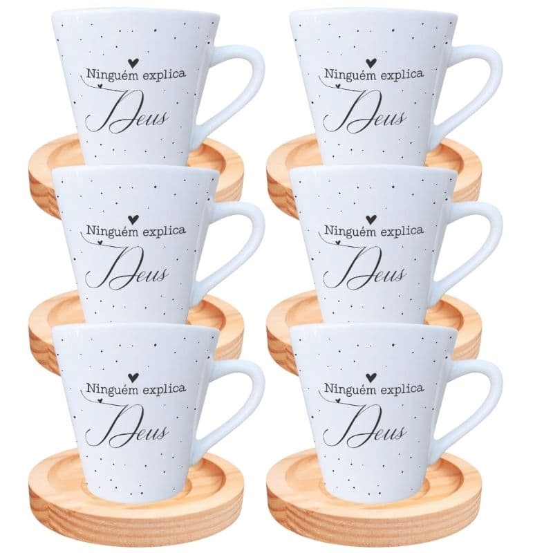 Jogo 6 Canecas Xícaras Porcelana 120 ml Pires Madeira Branca Café Chá Deus