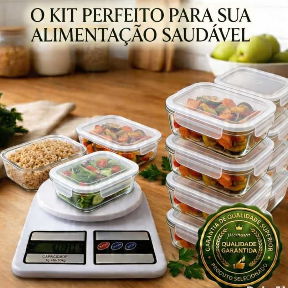 kit Balança Digital + Pote Hermético Retangular Vidro Tampa Vedação 640ml Organizador Cozinha