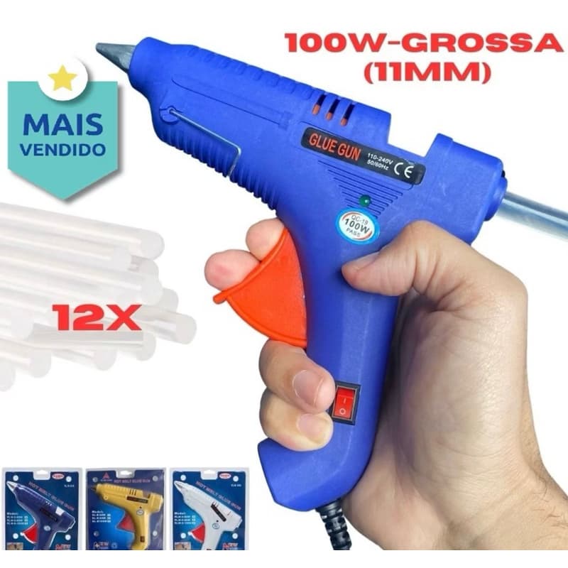 Pistola de Cola Quente Profissional Grande 100W  Botão LIGA/DESLIGA Bivolt 110-220V