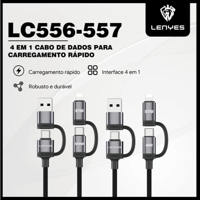 Cabo Carregador 4 em 1 240W PD Rápido, Tipo C / Lightning / Micro USB para Todos Dispositivos LENYES