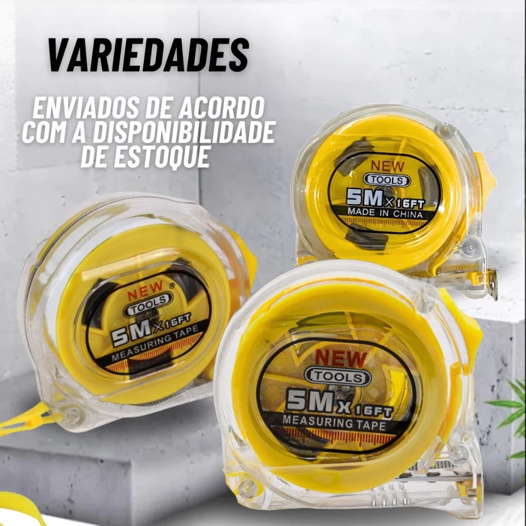 Kit 5 Trenas 5m Fita Métrica Profissional Aço Reforçado Emborrachada com Trava e Clip Alta Precisão
