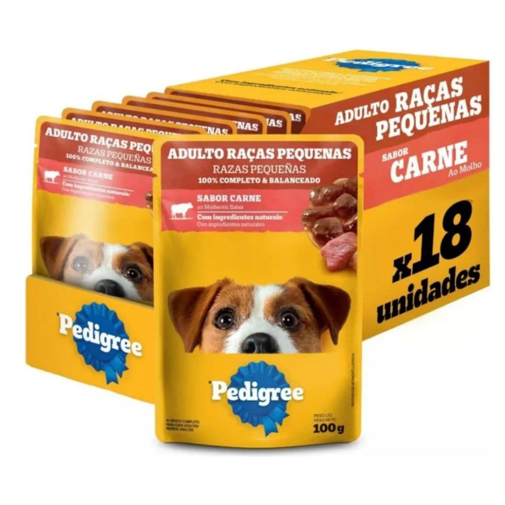 Kit com 18Un Ração Úmida Pedigree Raças Pequenas Sachê Carne Ao Molho Cães Adultos 100g