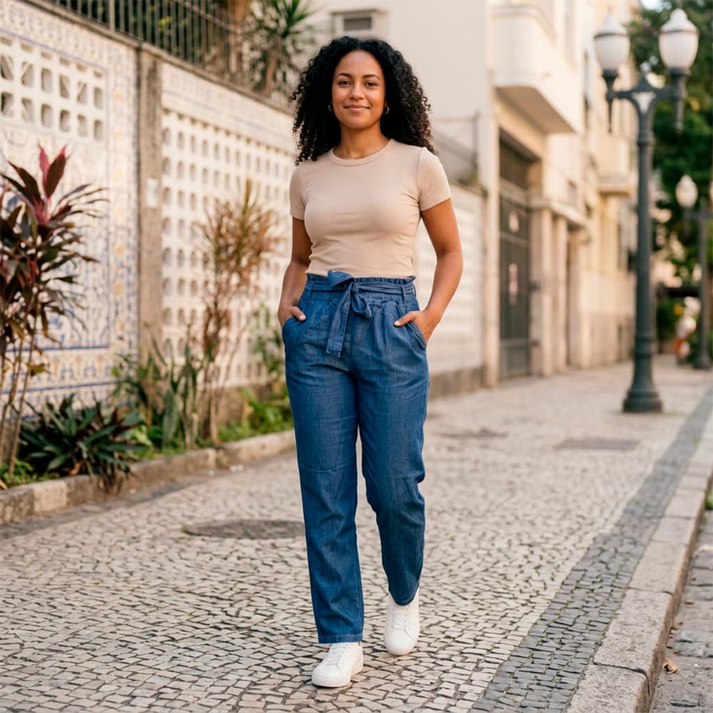 Calça Feminina Jeans Cintura Alta Com Laço Confortável Leve Casual Dia a Dia