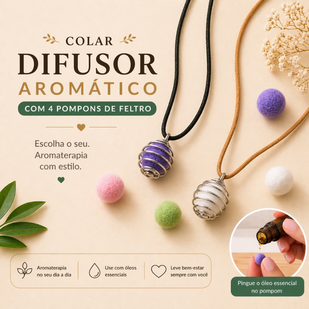Colar Aromaterapia I Difusor Pessoal para Óleos Essenciais Pingente Prateado Gaiola - Ajustável com Pompom I Aromático