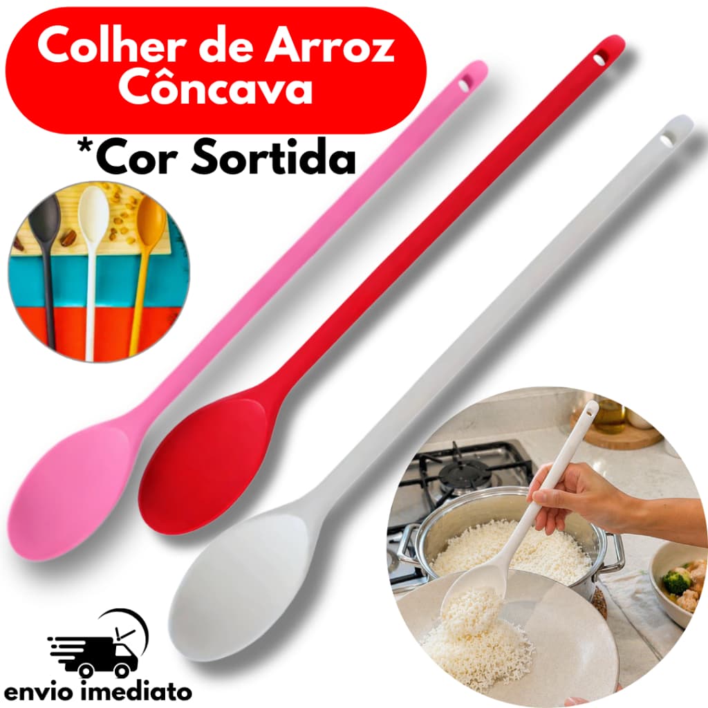 Colher de Arroz Côncava 36cm de Polipropileno Cores Sortidas Plástico Lavável Sem BPA