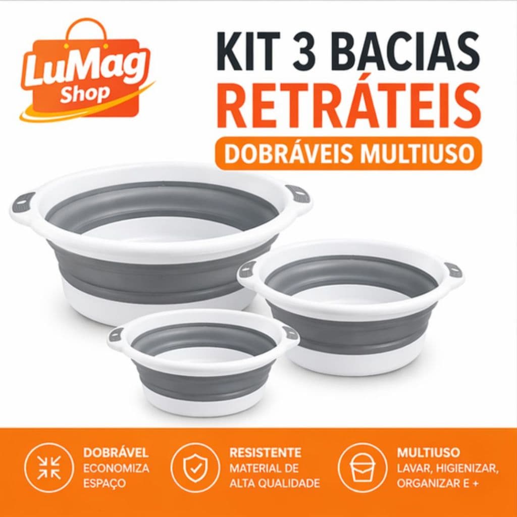 Kit 3 Bacias Dobráveis Retráteis Multiuso Compacta Resistente Cozinha Lavanderia Organização Viagem