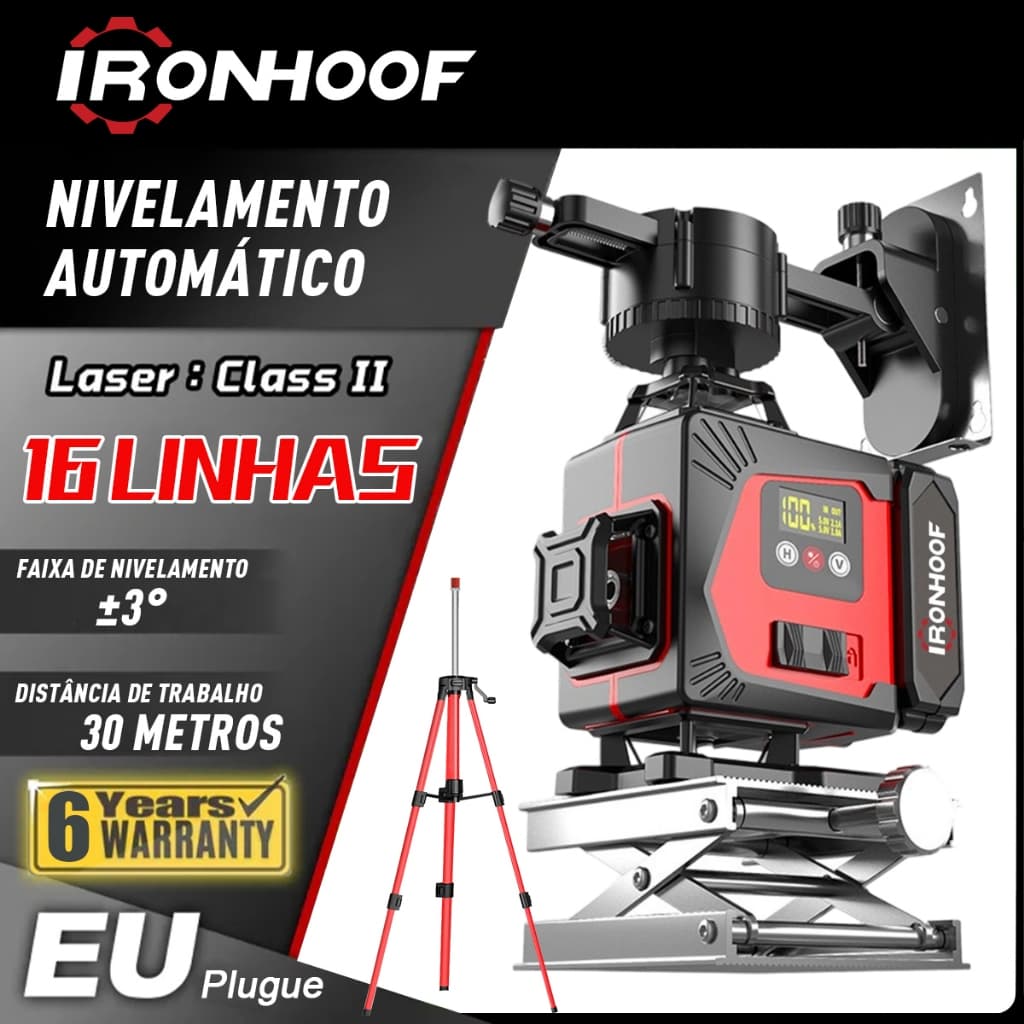 Nível Laser 2/16 Linhas Verde 360° Auto-Nivelante + Tripé 1.0m + 2 Baterias