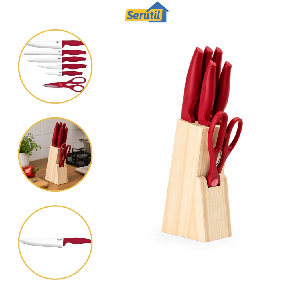 Jogo de Facas Inox 7 Peças com Cepo Madeira Brinox Cross Vermelho Kit Cozinha Completo com Tesoura