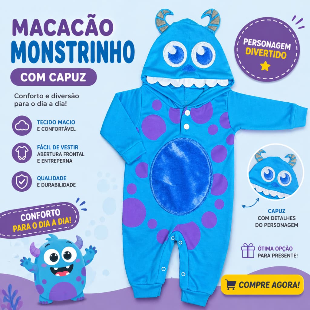 Roupa de Bebê Macacão Tematicos Personagens com Capuz SULLIVAN