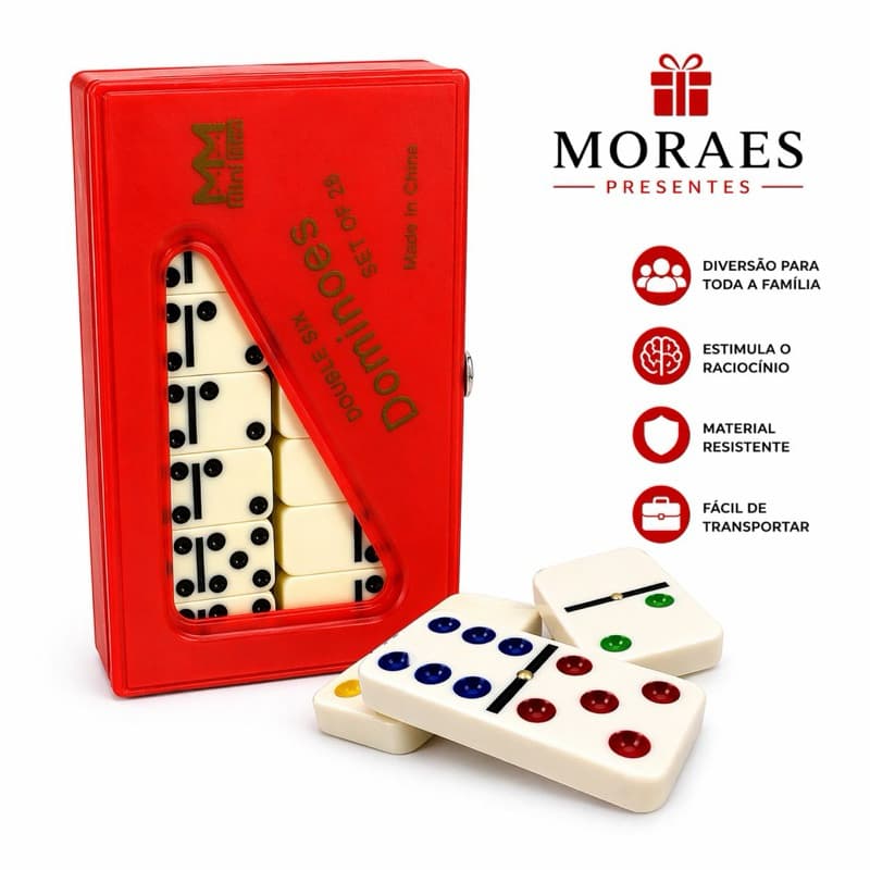 Dominó 28 peças com estojo. Cores sortidas (vermelho, verde, azul e preto). Envio conforme estoque.