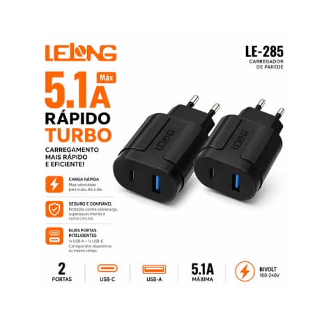 Fonte Carregador Turbo 5.1A 2 Portas USB Tipo-C Rápido
