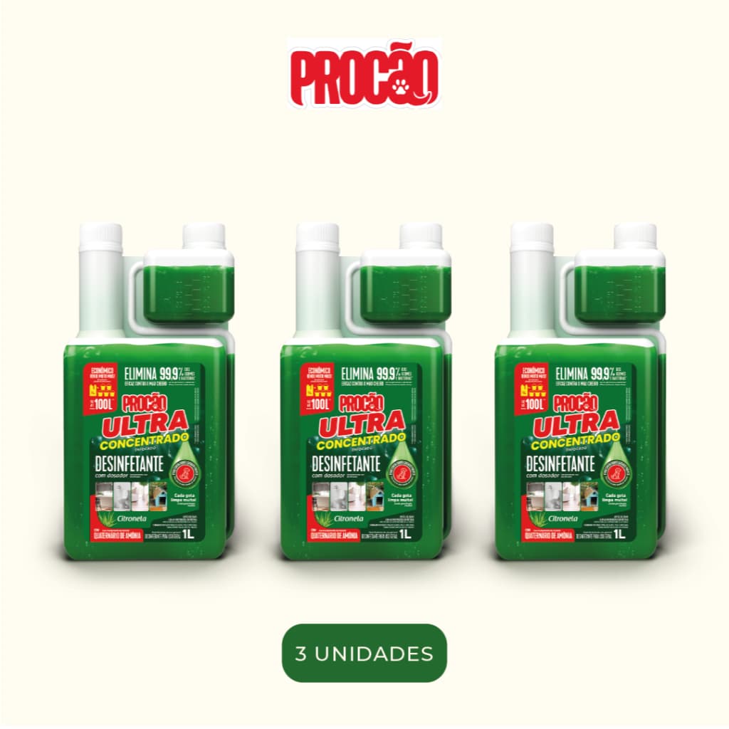 KIT3 Desinfetante Concentrado Procão - Pet e Casa - Limpeza Pesada - Elimina Odor - Citronela 1L