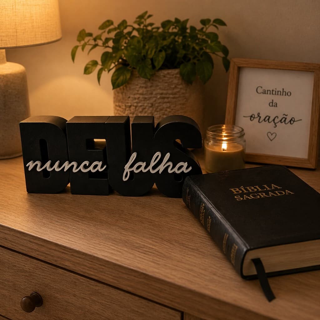 Letreiro Decorativo “Deus Nunca Falha” 3D em PLA – Decoração Religiosa Mesa Quarto Presente