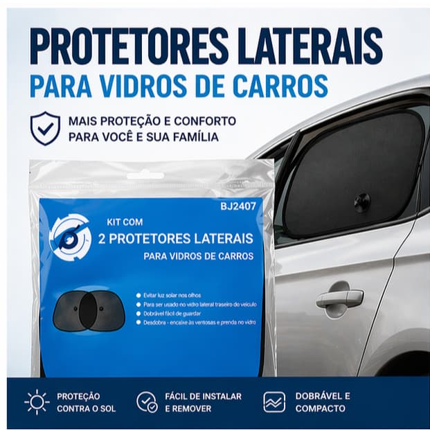 Protetor Solar Lateral Automotivo Kit 2 Unidades Dobrável com Ventosas Proteção UV Premium