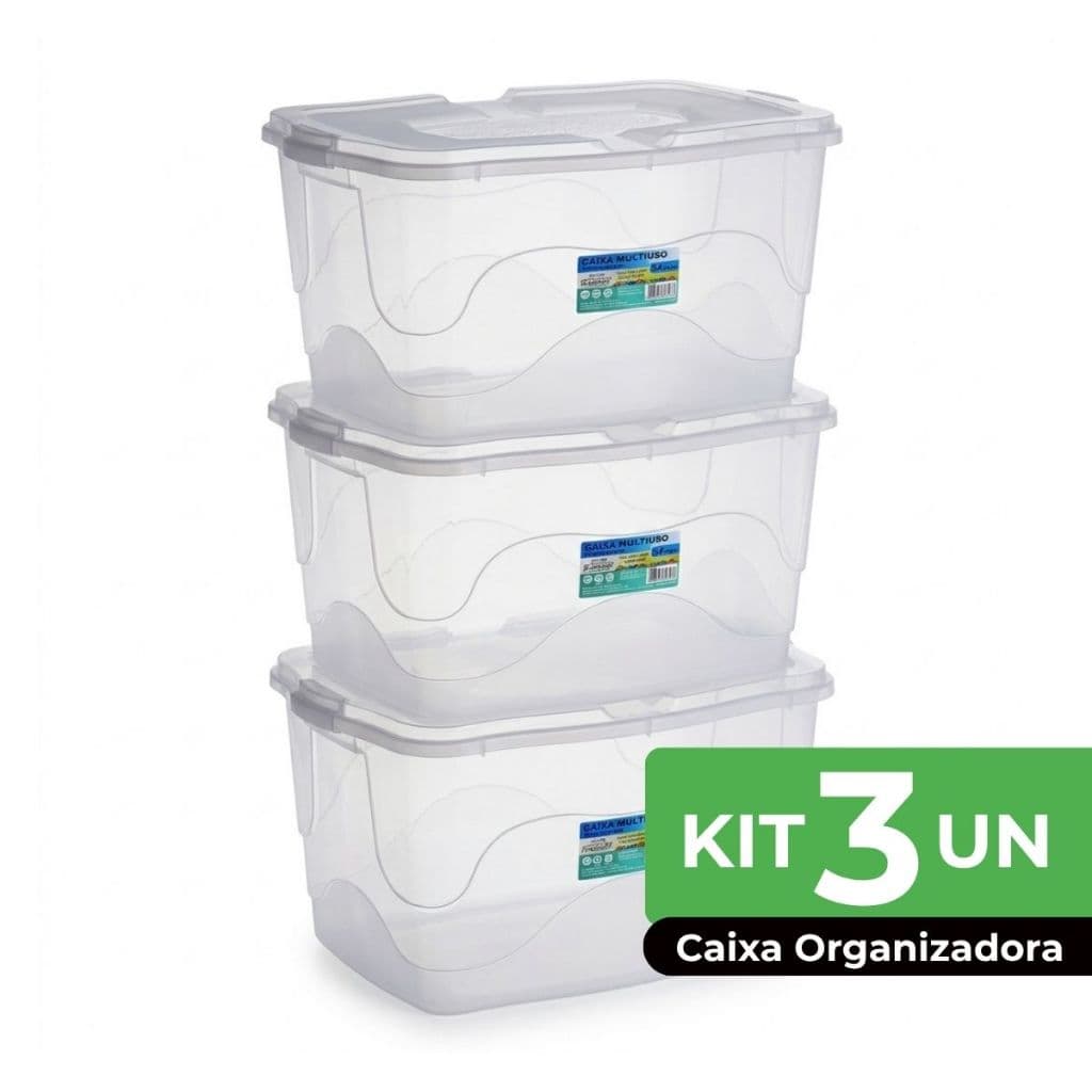 Conjunto 3 Caixa Organizadora 34 Litros Transparente/Preta Brinquedo Roupa Cesto Multiuso Grande Organizador
