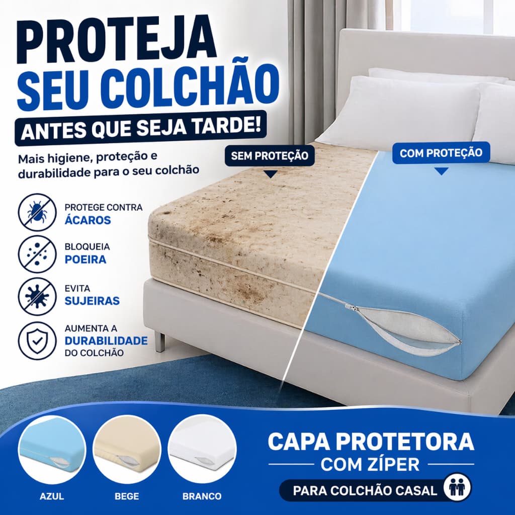 Capa Protetora de Colchão Casal com Zíper Anti Ácaro Poeira e Sujeira Azul, Bege e Branco