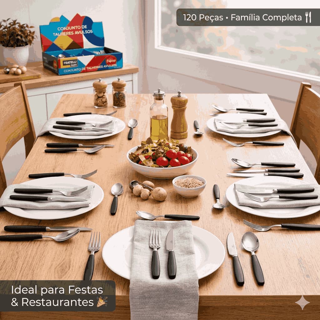 Faqueiro 120 Peças Kit Talheres Inox Garfo Faca Colher Cabo Preto Buffet Festa Original