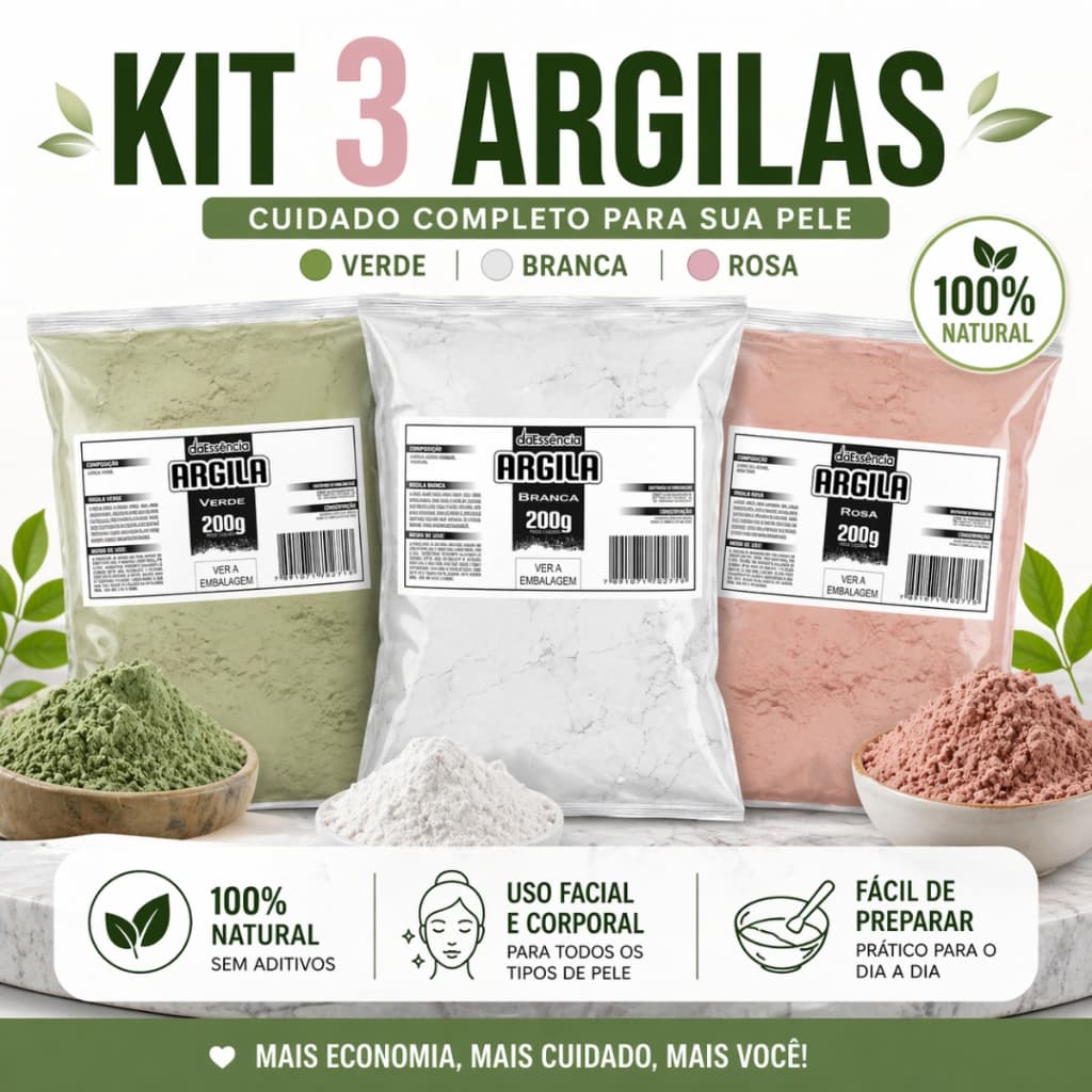 Kit Argilas Faciais 3 Tipos 200g Verde Branca e Rosa Cuidado Completo para a Pele