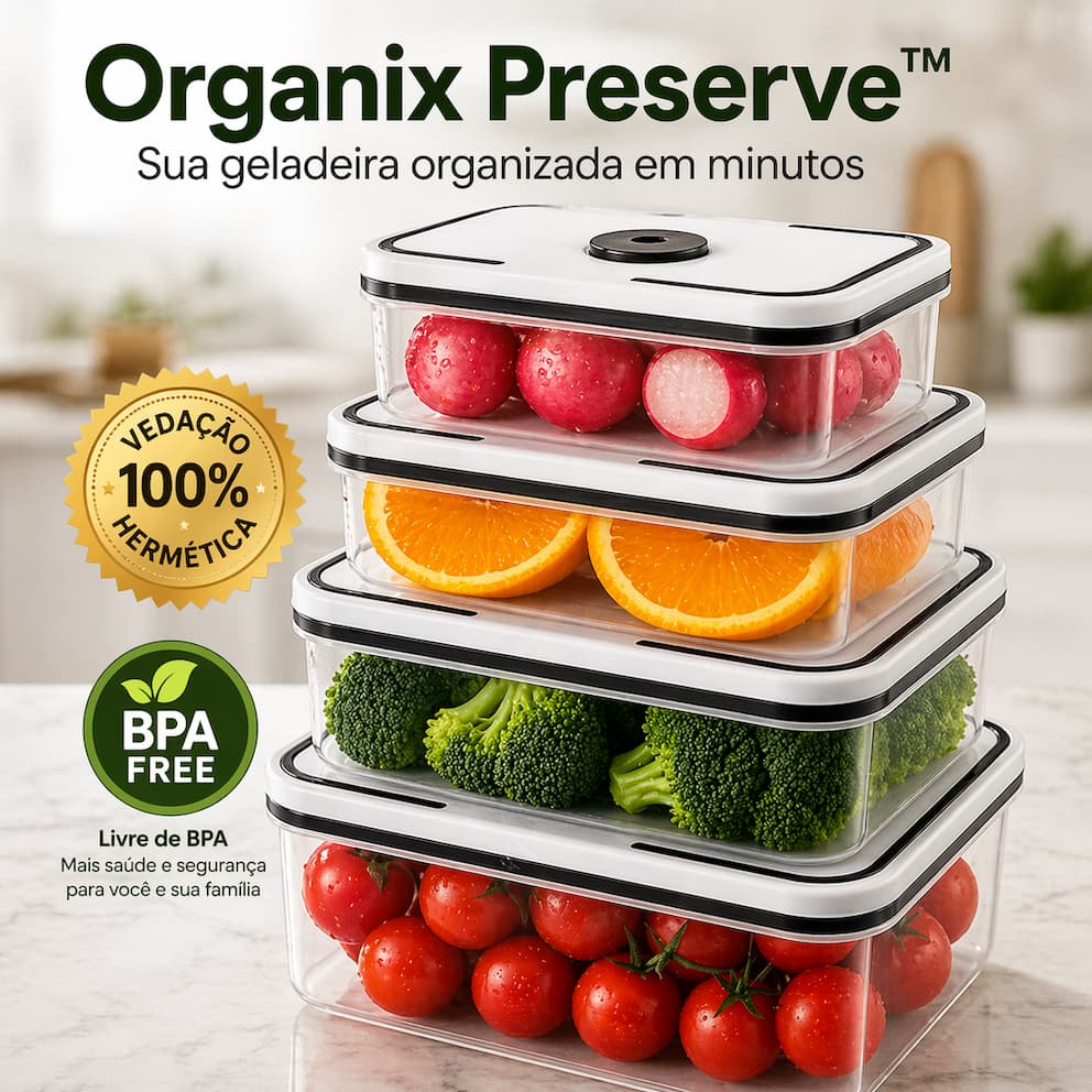 Kit 4 Potes Herméticos Organix Preserve™ Vedação Forte BPA Free Organizador de Geladeira e Cozinha