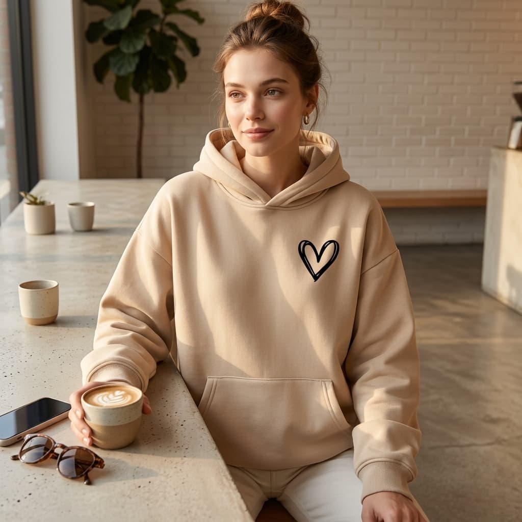 Moletom Canguru Bege Unissex Estilo Brooklyn Capuz Flanelado Estampado Inverno Com Bolso Coração