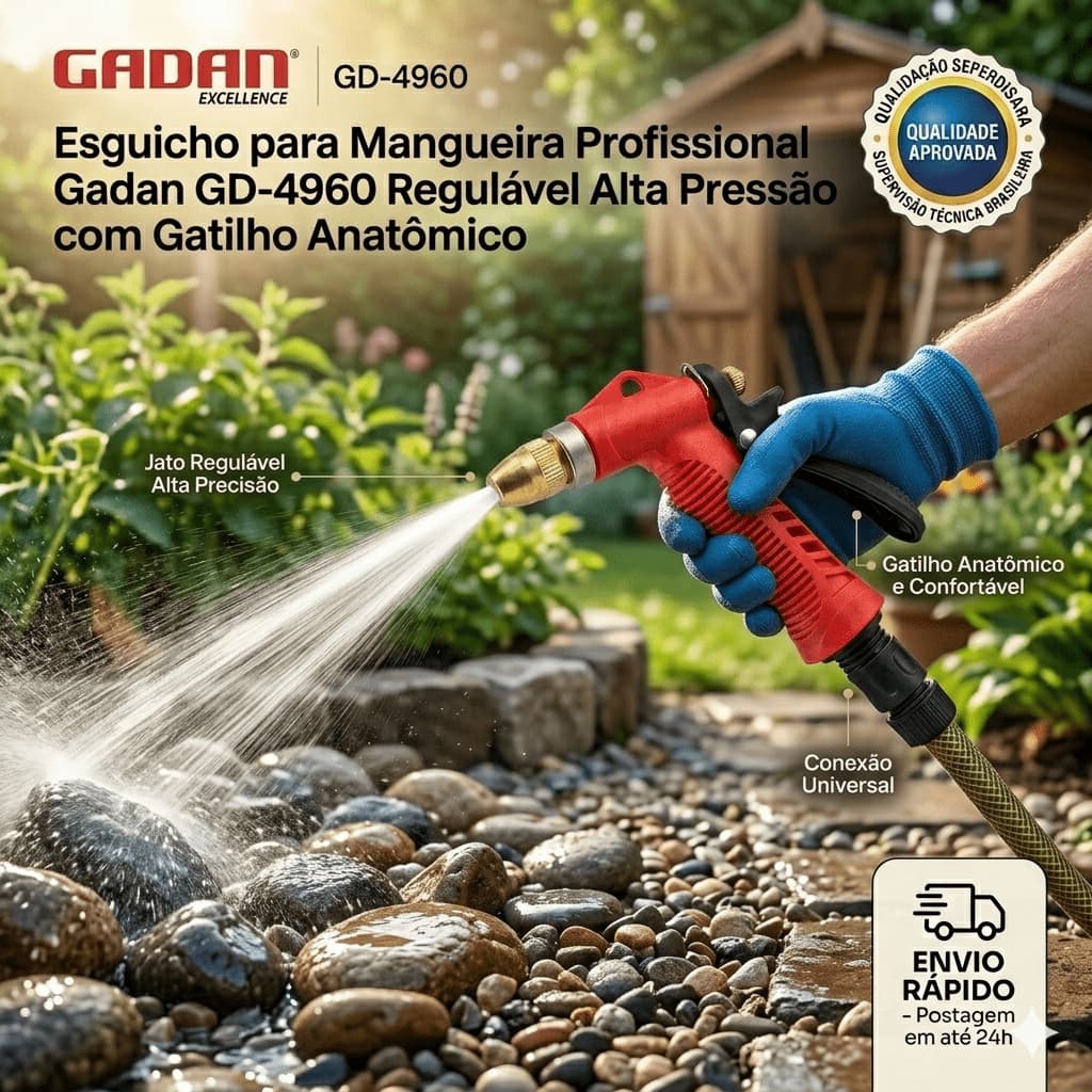 Esguicho para Mangueira Profissional Gadan GD-4960 Regulável Alta Pressão com Gatilho Anatômico