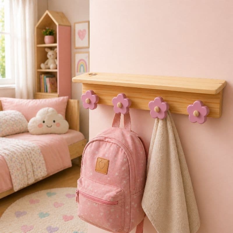 Cabideiro Infantil de Parede com Prateleira  Madeira Rosa Floral Porta Mochila Toalha Decoração Quarto Menina