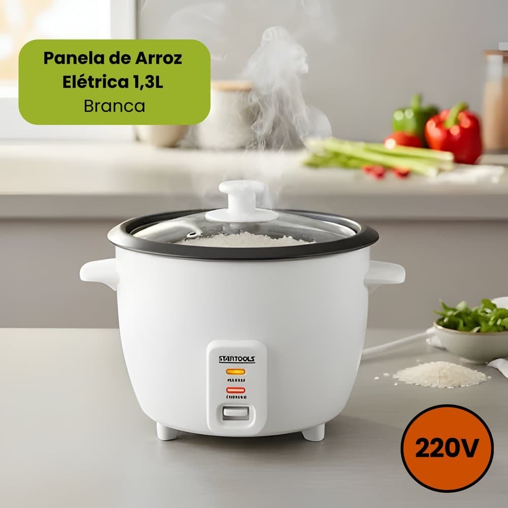 Panela de Arroz Elétrica 1,3L 400W 127V/220V Antiaderente Automática Compacta Com Acessórios