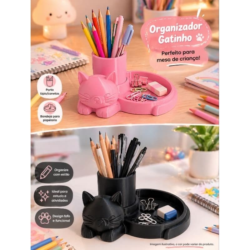 Organizador Gatinho Porta Canetas e Lápis Porta Treco Mesa Estudo Escolar Escritório Decoração Fofa