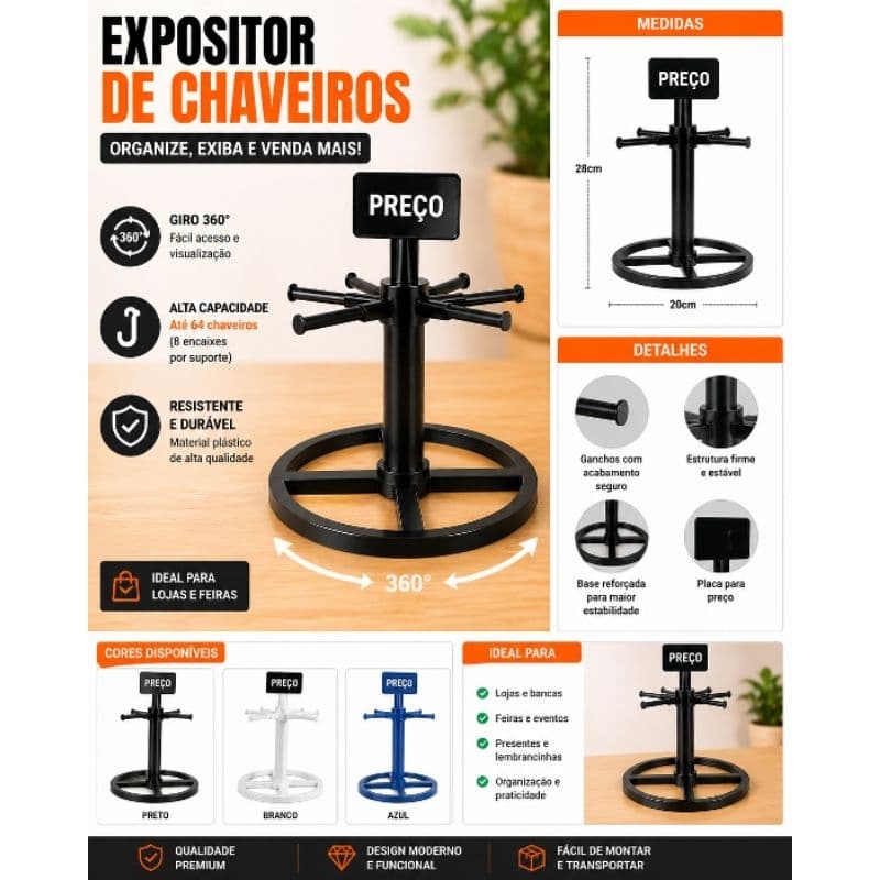 Expositor de Chaveiros 360° Giratório Alta Capacidade Até 64 Chaves para lojas Feiras bancadas