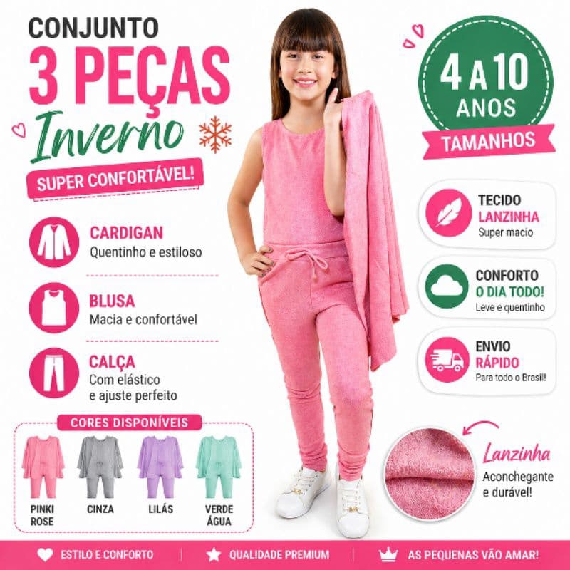 Conjunto inverno Infantil minina 3 Peças  tecido lanzinha – Cardigan + Blusa Regata + Calça  Confortável (4 a 10anos)