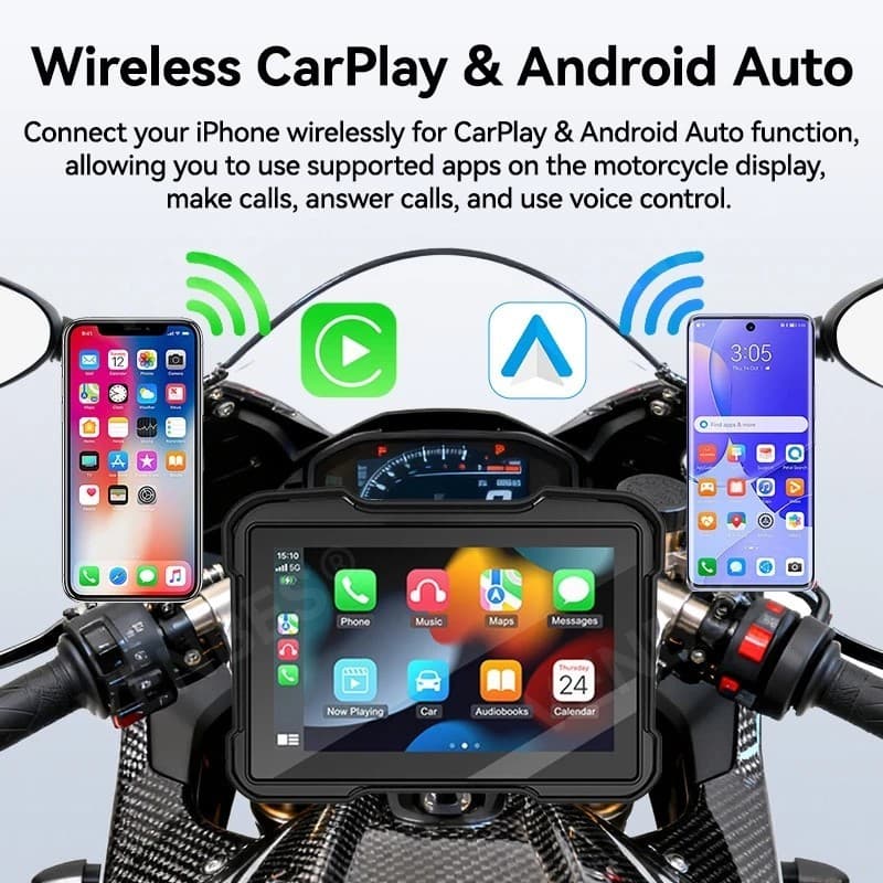 Navegador de Moto de 5 Polegadas Wireless Carplay Android Auto Portátil à Prova d'Água IP67 Bluetooth