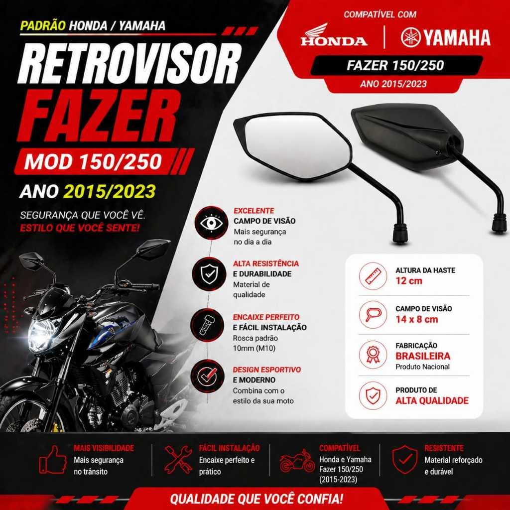 Par Retrovisor Espelhos Motos Honda Yamaha Fazer 2015 Fan Bross Titan Cg