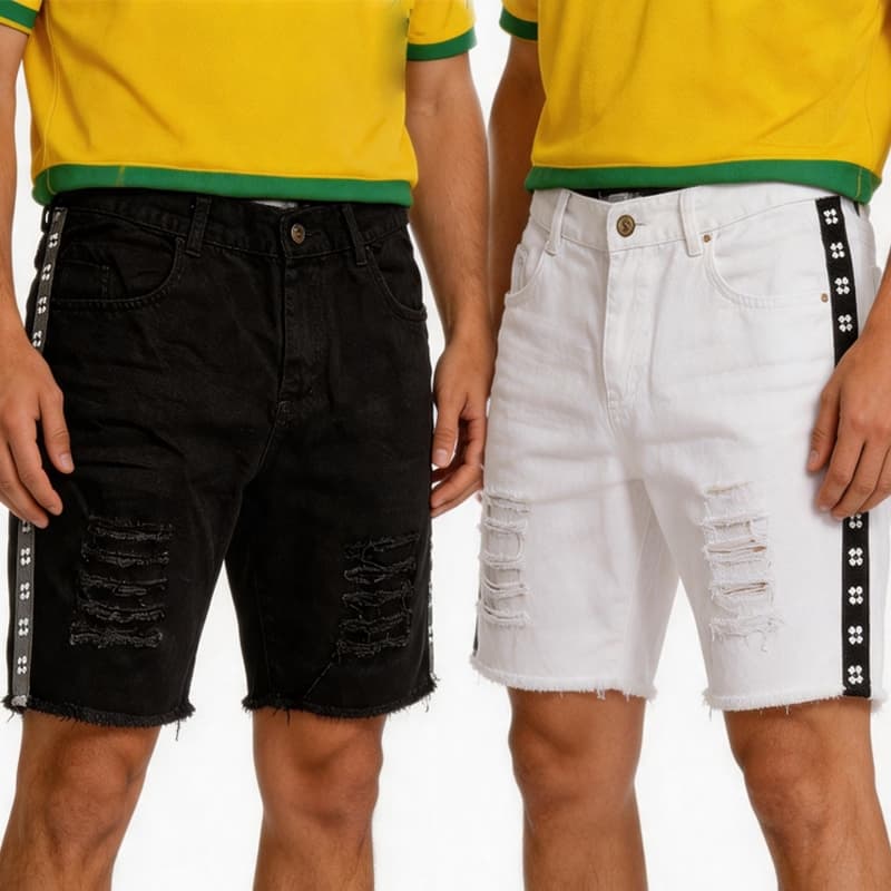 Kit 2 Preto Branco Bermuda Jeans Masculina Unissex Design Rasgado Confortável 36 38 40 42 44 46 48