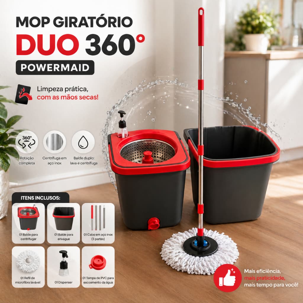 Mop Giratório Duo 360° Powermaid com Balde Duplo e Centrífuga em Aço Inox