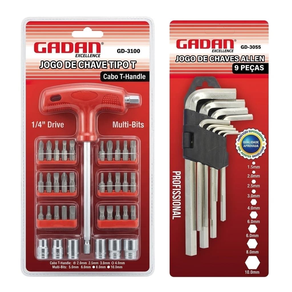Kit Ferramentas Profissional Gadan: Jogo Chave T 21 Pçs + Chave Allen 9 Pçs
